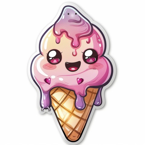 Cute Kawaii Stickers Joyful Melting Ice Cream Cone on White Background (18)