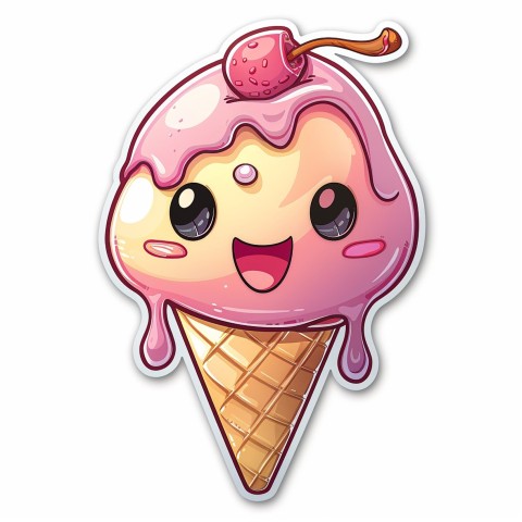 Cute Kawaii Stickers Joyful Melting Ice Cream Cone on White Background (13)