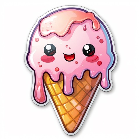 Cute Kawaii Stickers Joyful Melting Ice Cream Cone on White Background (12)