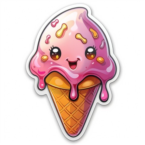 Cute Kawaii Stickers Joyful Melting Ice Cream Cone on White Background (14)