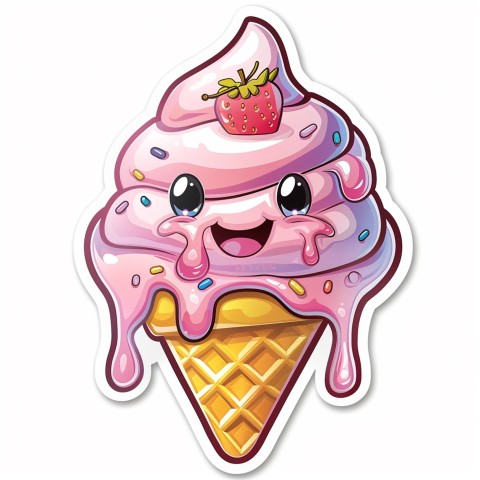 Cute Kawaii Stickers Joyful Melting Ice Cream Cone on White Background (20)