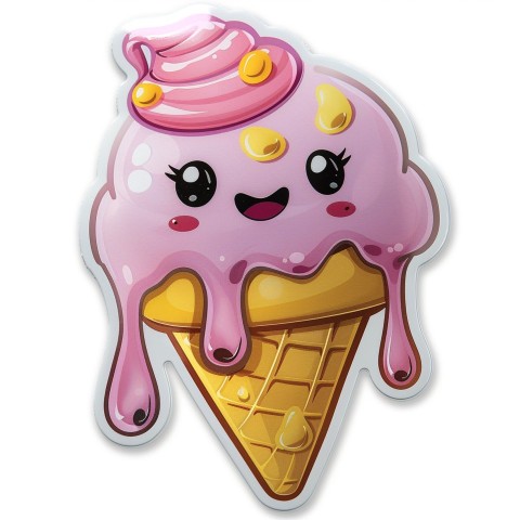 Cute Kawaii Stickers Joyful Melting Ice Cream Cone on White Background (3)