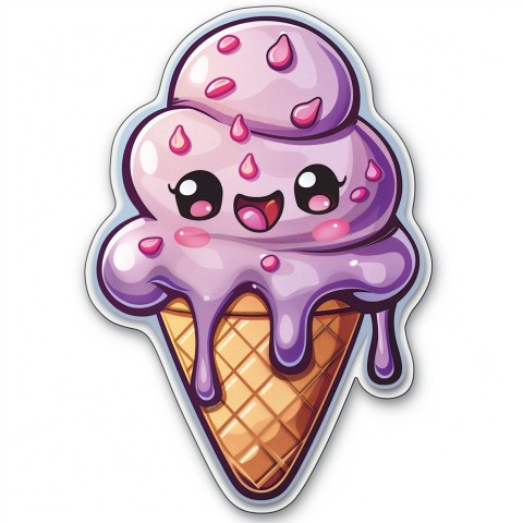 Cute Kawaii Stickers Joyful Melting Ice Cream Cone on White Background (2)