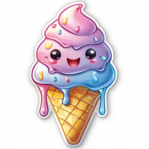 Cute Kawaii Stickers Joyful Melting Ice Cream Cone on White Background (4)