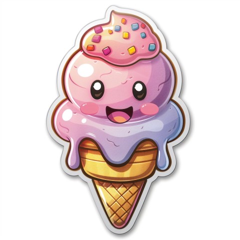 Cute Kawaii Stickers Joyful Melting Ice Cream Cone on White Background (24)