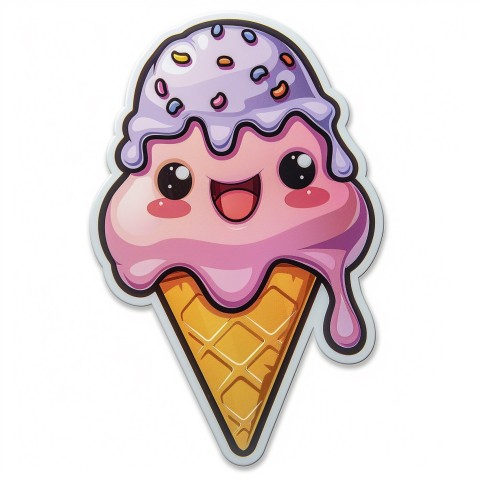 Cute Kawaii Stickers Joyful Melting Ice Cream Cone on White Background (25)