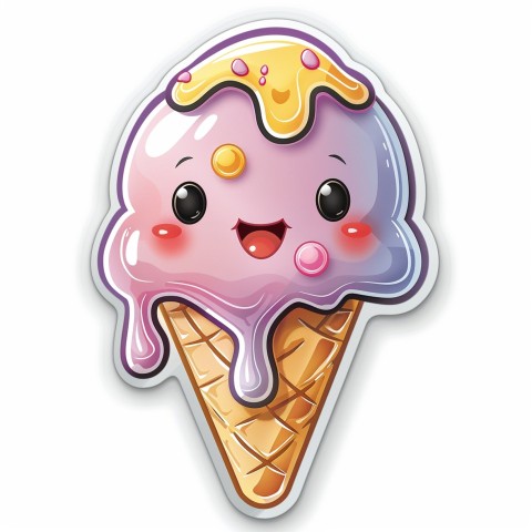 Cute Kawaii Stickers Joyful Melting Ice Cream Cone on White Background (37)