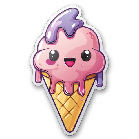 Cute Kawaii Stickers Joyful Melting Ice Cream Cone on White Background (30)