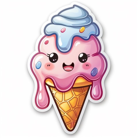 Cute Kawaii Stickers Joyful Melting Ice Cream Cone on White Background (36)