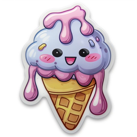 Cute Kawaii Stickers Joyful Melting Ice Cream Cone on White Background (27)