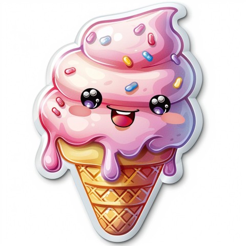 Cute Kawaii Stickers Joyful Melting Ice Cream Cone on White Background (32)