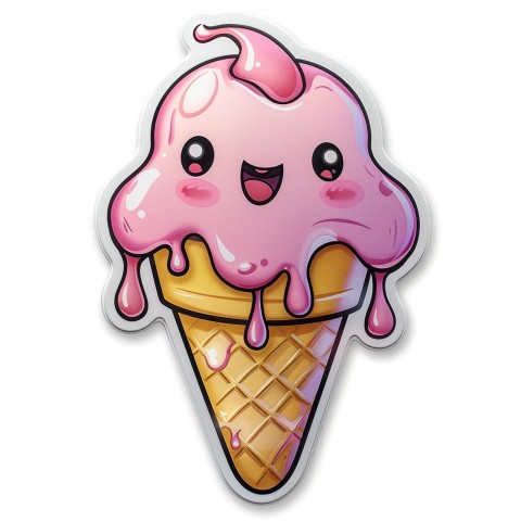 Cute Kawaii Stickers Joyful Melting Ice Cream Cone on White Background (29)