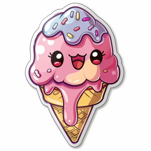 Cute Kawaii Stickers Joyful Melting Ice Cream Cone on White Background (40)