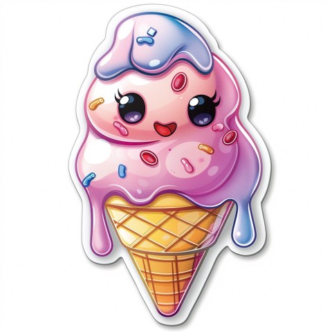 Cute Kawaii Stickers Joyful Melting Ice Cream Cone on White Background (39)