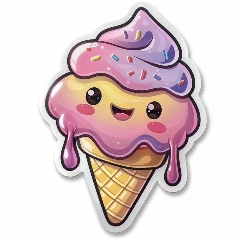 Cute Kawaii Stickers Joyful Melting Ice Cream Cone on White Background (31)