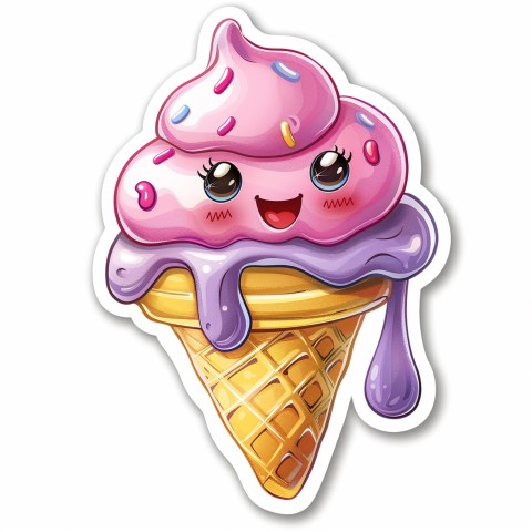 Cute Kawaii Stickers Joyful Melting Ice Cream Cone on White Background (50)