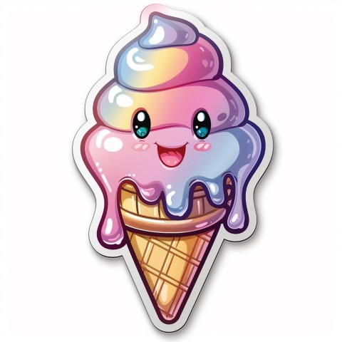 Cute Kawaii Stickers Joyful Melting Ice Cream Cone on White Background (42)