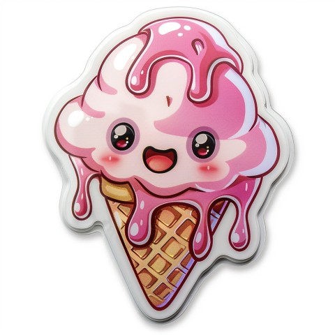 Cute Kawaii Stickers Joyful Melting Ice Cream Cone on White Background (55)