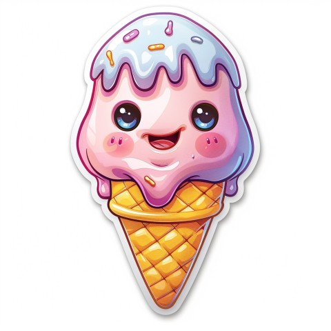 Cute Kawaii Stickers Joyful Melting Ice Cream Cone on White Background (59)