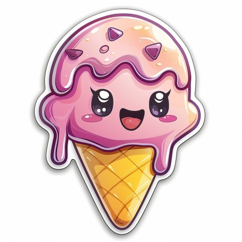 Cute Kawaii Stickers Joyful Melting Ice Cream Cone on White Background (41)