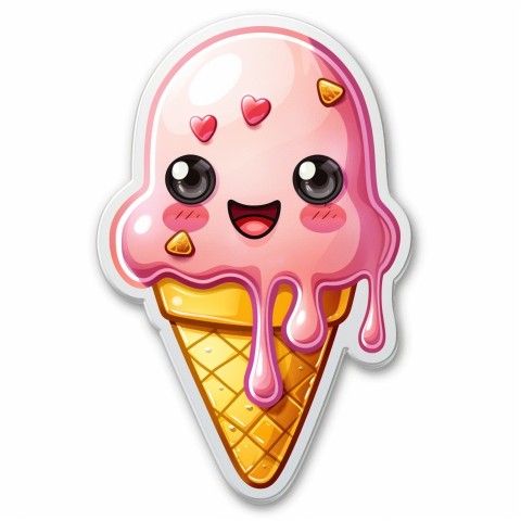 Cute Kawaii Stickers Joyful Melting Ice Cream Cone on White Background (48)