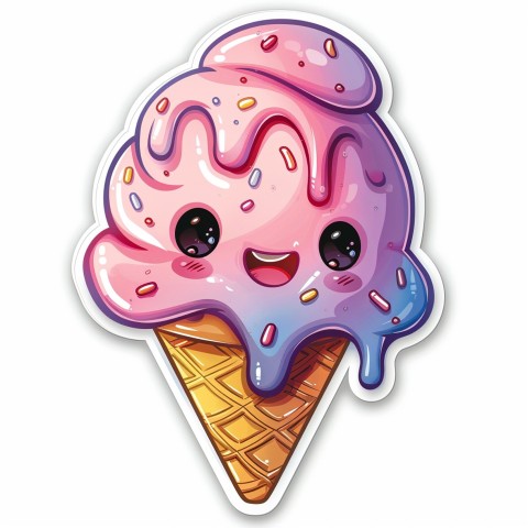 Cute Kawaii Stickers Joyful Melting Ice Cream Cone on White Background (44)