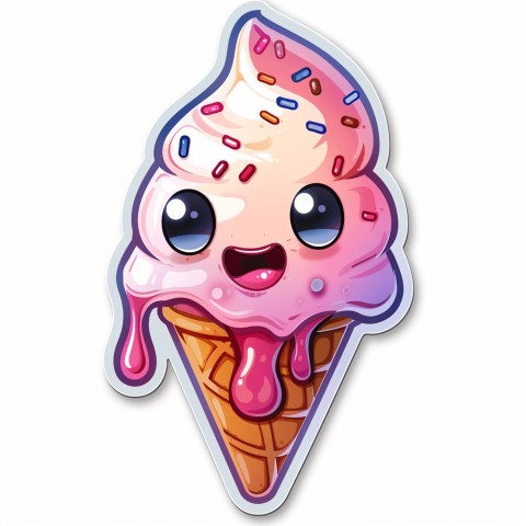 Cute Kawaii Stickers Joyful Melting Ice Cream Cone on White Background (78)