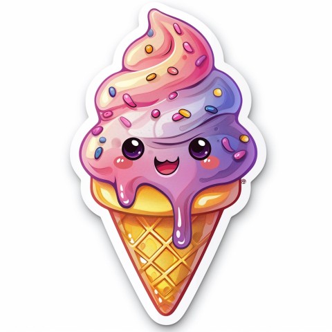 Cute Kawaii Stickers Joyful Melting Ice Cream Cone on White Background (72)