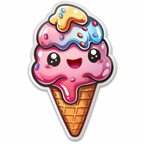 Cute Kawaii Stickers Joyful Melting Ice Cream Cone on White Background (69)