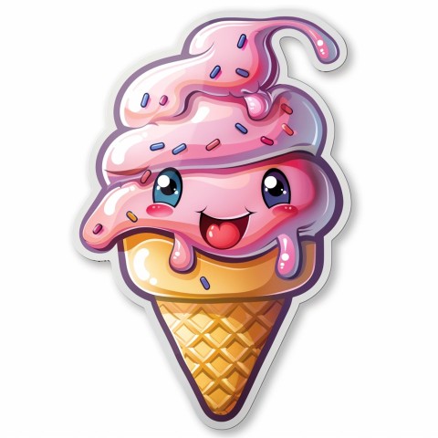 Cute Kawaii Stickers Joyful Melting Ice Cream Cone on White Background (62)