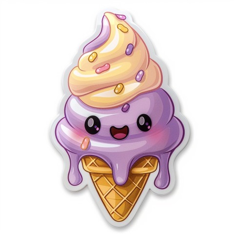 Cute Kawaii Stickers Joyful Melting Ice Cream Cone on White Background (80)