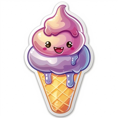 Cute Kawaii Stickers Joyful Melting Ice Cream Cone on White Background (63)