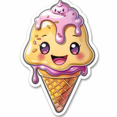 Cute Kawaii Stickers Joyful Melting Ice Cream Cone on White Background (67)