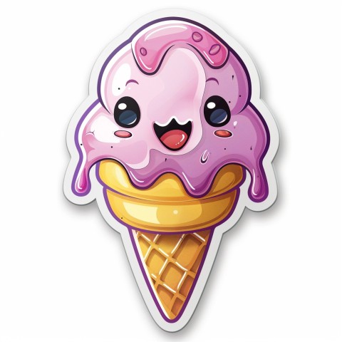 Cute Kawaii Stickers Joyful Melting Ice Cream Cone on White Background (75)