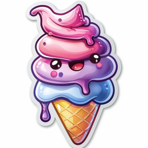 Cute Kawaii Stickers Joyful Melting Ice Cream Cone on White Background (66)