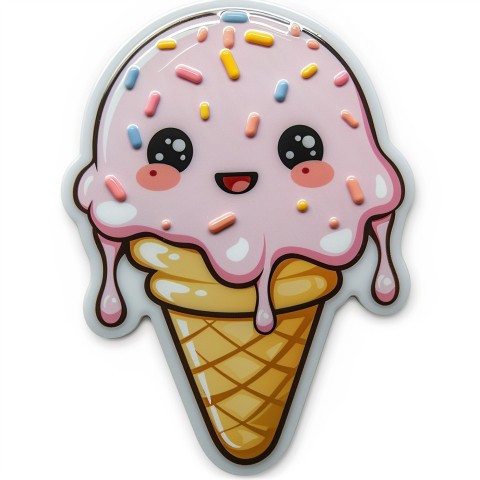 Cute Kawaii Stickers Joyful Melting Ice Cream Cone on White Background (79)