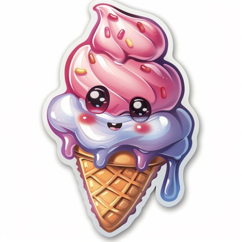 Cute Kawaii Stickers Joyful Melting Ice Cream Cone on White Background (74)