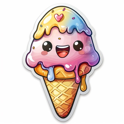 Cute Kawaii Stickers Joyful Melting Ice Cream Cone on White Background (89)