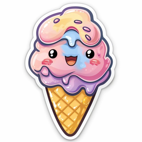 Cute Kawaii Stickers Joyful Melting Ice Cream Cone on White Background (97)