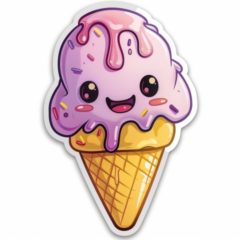 Cute Kawaii Stickers Joyful Melting Ice Cream Cone on White Background (99)