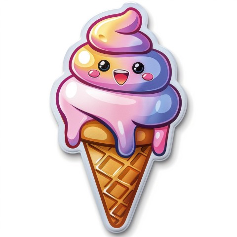 Cute Kawaii Stickers Joyful Melting Ice Cream Cone on White Background (95)