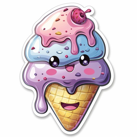 Cute Kawaii Stickers Joyful Melting Ice Cream Cone on White Background (82)