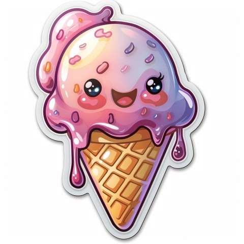 Cute Kawaii Stickers Joyful Melting Ice Cream Cone on White Background (100)