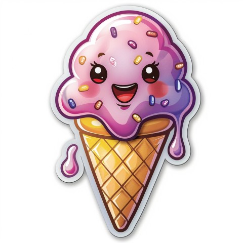 Cute Kawaii Stickers Joyful Melting Ice Cream Cone on White Background (96)