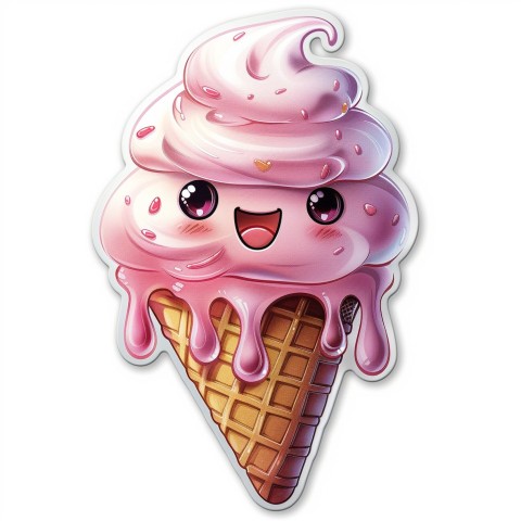 Cute Kawaii Stickers Joyful Melting Ice Cream Cone on White Background (88)