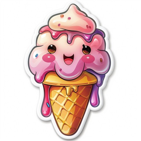 Cute Kawaii Stickers Joyful Melting Ice Cream Cone on White Background (83)