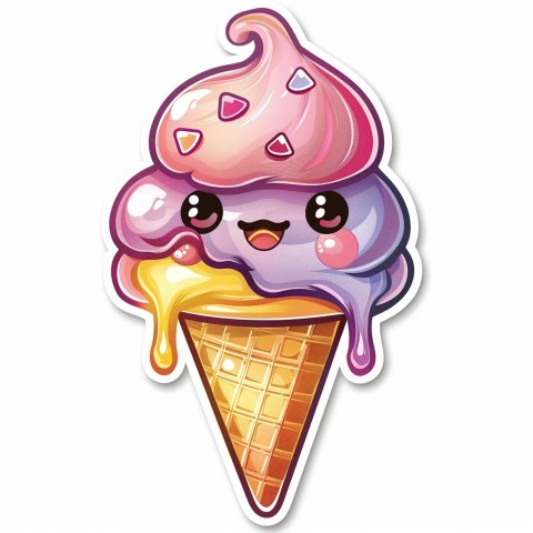 Cute Kawaii Stickers Joyful Melting Ice Cream Cone on White Background (86)