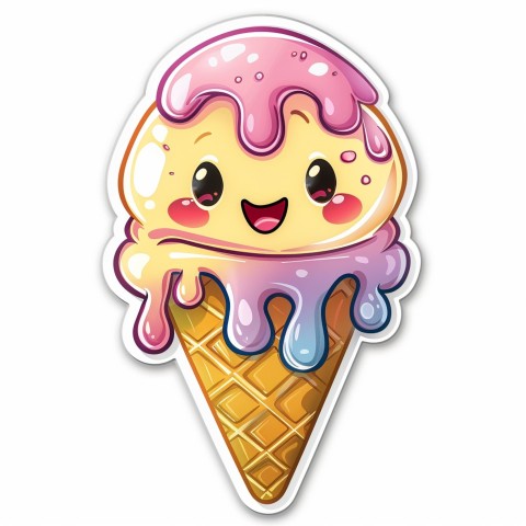 Cute Kawaii Stickers Joyful Melting Ice Cream Cone on White Background (109)