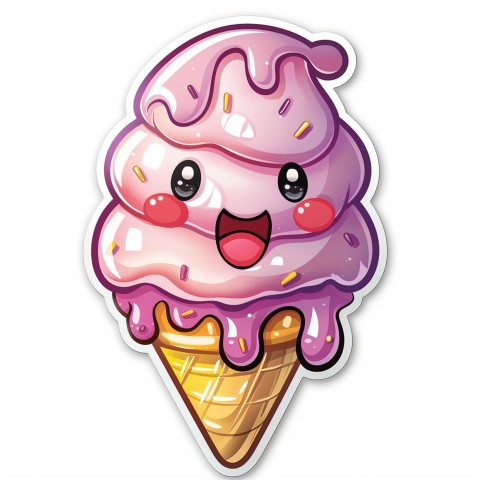 Cute Kawaii Stickers Joyful Melting Ice Cream Cone on White Background (114)