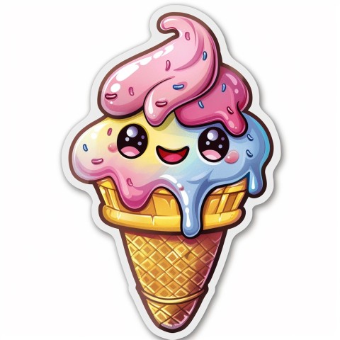 Cute Kawaii Stickers Joyful Melting Ice Cream Cone on White Background (103)